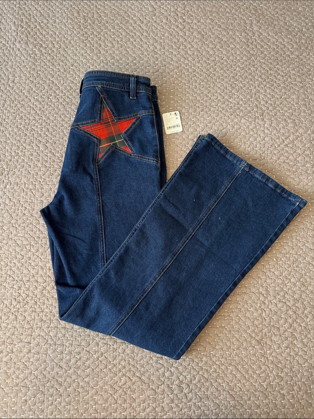 We the Free Dark Blue Flare Jeans with Red Plaid Star Accent (10)